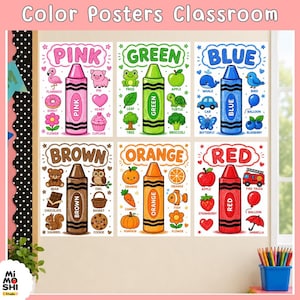 Pósteres de colores para decorar el aula / 11 pósteres de colores de crayones / Colores imprimibles para preescolar / Decoración de pared para el aula de jardín de infantes