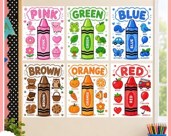May include: Six educational posters titled Color Posters Classroom, each featuring a large crayon in pink, green, blue, brown, orange, or red. Each poster displays the color name and various illustrations of objects matching that specific color.