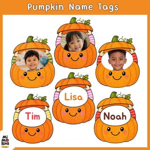 May include: A set of five orange pumpkin name tags with green stems and smiling faces. Three pumpkins feature circular cutouts for photos of children, while two pumpkins display the names Tim, Lisa, and Noah in white oval centres.
