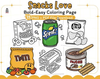 Snacks Love Coloring Pages | Food and Drink Relaxation | Coloring Pages | Bold and Easy Coloring Book | Png + PDF Instant Download