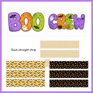 Puede incluir: Un conjunto de gr&aacute;ficos imprimibles con tem&aacute;tica de Halloween que presentan el texto BOO CREW en letras de burbuja moradas, naranjas y verdes con motivos de fantasmas, murci&eacute;lagos y ara&ntilde;as. Incluye tiras rectas con patrones de puntos, murci&eacute;lagos y calabazas.