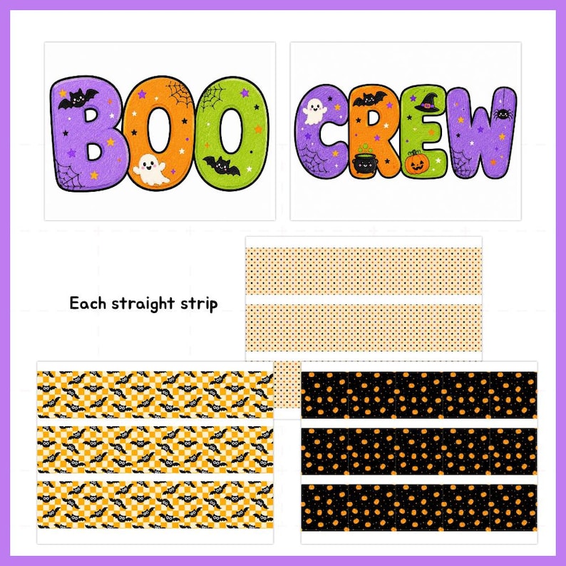 Puede incluir: Un conjunto de gr&aacute;ficos imprimibles con tem&aacute;tica de Halloween que presentan el texto BOO CREW en letras de burbuja moradas, naranjas y verdes con motivos de fantasmas, murci&eacute;lagos y ara&ntilde;as. Incluye tiras rectas con patrones de puntos, murci&eacute;lagos y calabazas.