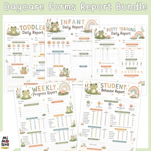 May include: A bundle of five daycare forms including Toddler, Infant, and Potty Training daily reports, a Weekly Progress Report, and a Student Behavior Report. Each page features a frog illustration, a rainbow, and pastel-colored text.