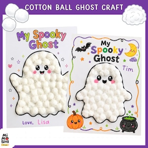 Puede incluir: Dos hojas de papel blanco con un proyecto de manualidades de fantasmas hechos con bolas de algodón. Cada hoja muestra el texto My Spooky Ghost, un contorno de fantasma relleno de bolas de algodón blancas, una cara sonriente y elementos decorativos.