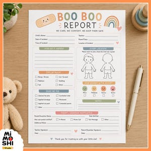 以下が含まれることがあります： 漫画の絆創膏と虹のグラフィックが描かれた、印刷可能な「Boo Boo Report」フォーム。フォームには、事件の詳細、怪我の種類、重症度、保護者への通知に関するセクションが含まれています。背景にはペンとテディベアがあります。