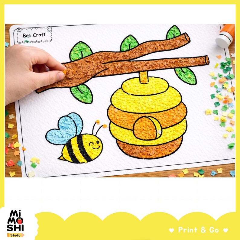 Bee Craft Activity for Kids | Printable Torn Paper Mosaic Coloring ...