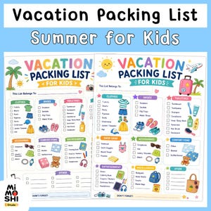 May include: A colorful vacation packing list for kids, featuring sections for clothes, shoes, toiletries, and accessories. The list includes illustrations of clothing items, shoes, and travel essentials. The words "Vacation Packing List" and "Summer for Kids" are prominently displayed.