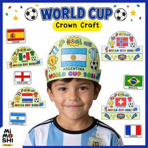 Puede incluir: Una corona de papel con la bandera de Argentina, el texto World Cup 2026 e ilustraciones de fútbol. Alrededor de la corona hay plantillas adicionales para España, México, Inglaterra, Países Bajos, Noruega, Brasil, Suiza y Francia.