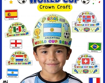 Manualidad de corona para imprimir del Mundial 2026 / Actividad para colorear de sombrero de corona de fútbol / Plantilla de diadema con bandera / Colorea - Manualidad para fiestas en el aula en blanco y negro