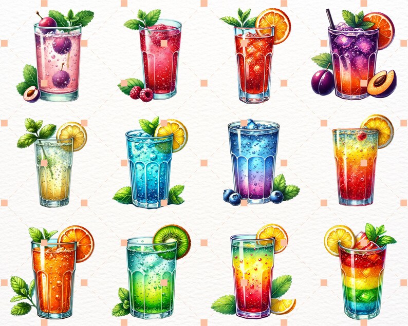 Summer drinks Watercolor Cocktail Clipart,Bundle PNG,Signature Cocktail Clipart, Drinks Clipart, Alcohol Drinks Clipart,Illustrations in PNG