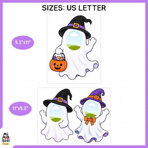 Puede incluir: Un gr&aacute;fico digital que muestra tres fantasmas blancos con centros ovalados huecos para colocar fotos. Los fantasmas llevan sombreros de bruja morados y negros. Un fantasma sostiene una cubeta de calabaza naranja llena de dulces.