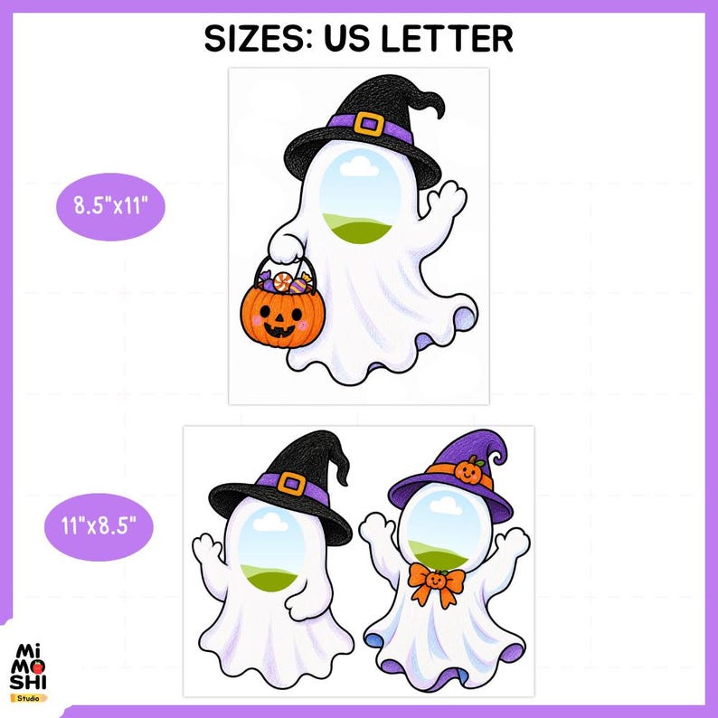 Puede incluir: Un gr&aacute;fico digital que muestra tres fantasmas blancos con centros ovalados huecos para colocar fotos. Los fantasmas llevan sombreros de bruja morados y negros. Un fantasma sostiene una cubeta de calabaza naranja llena de dulces.