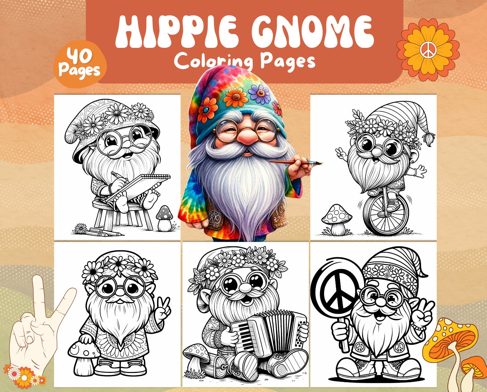 Hippie Gnome Coloring Pages, Adults Kids Instant Download ,printable ...
