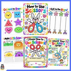 May include: A set of educational activity sheets for children featuring colorful illustrations of scissors, shapes, and stars. The pages include text such as How to Use Scissors, Cut Around the Shapes, Cut to the Stars, Make Little Snips, and I Know How to Use Scissors.