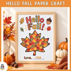 Może przedstawiać: Oprawiony projekt z papieru z napisem Hello Fall! kolorowymi literami, dużym liściem klonu wypełnionym małymi wielokolorowymi skrawkami papieru oraz napisem Love, LISA na dole. Projekt zawiera małe ilustracje liści i żołędzia.