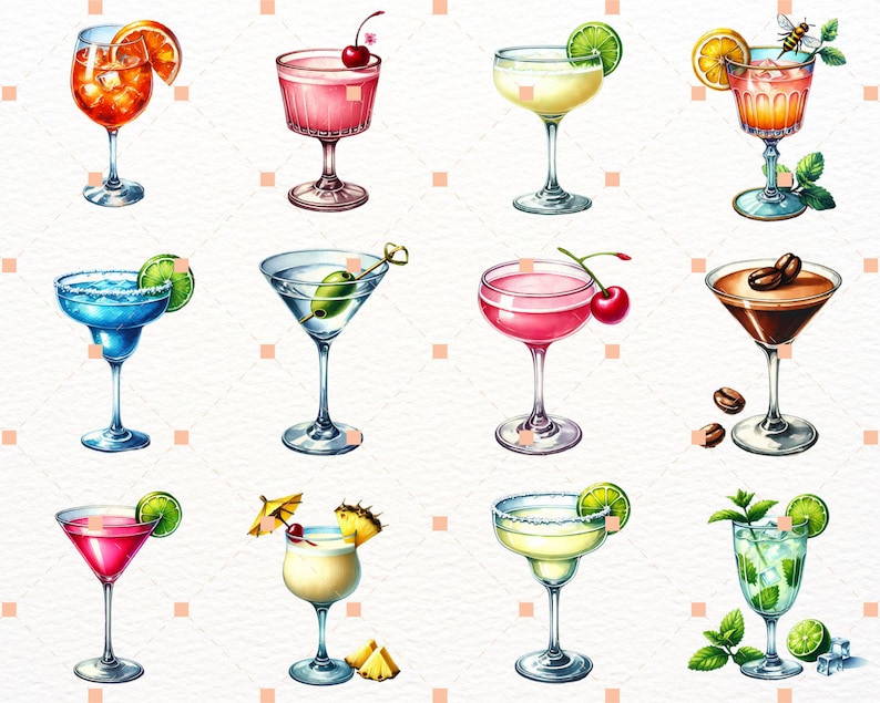 Summer drinks Watercolor Cocktail Clipart,Bundle PNG,Signature Cocktail Clipart, Drinks Clipart, Alcohol Drinks Clipart,Illustrations in PNG
