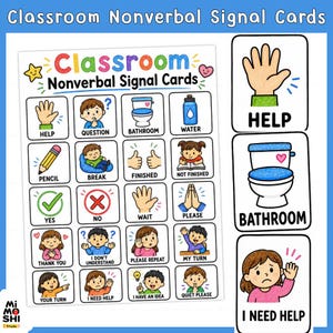 May include: A set of Classroom Nonverbal Signal Cards featuring a grid of twenty illustrated icons with text labels like Help, Question, Bathroom, Water, Pencil, Break, Finished, Not Finished, Yes, No, Wait, Please, Thank You, and I Need Help.