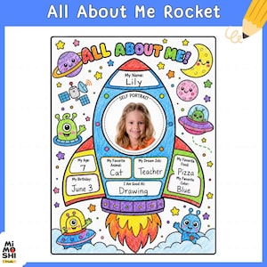 Puede incluir: Una hoja de actividades imprimible All About Me Rocket que presenta un cohete central con un marco de fotos circular, campos de texto para detalles personales e ilustraciones coloridas de temática espacial que incluyen planetas, estrellas y alienígenas.