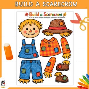 Könnte beinhalten: Ein Build a Scarecrow-Aktivitätsblatt mit einem Zeichentrick-Vogelscheuchenkopf, einem braunen Hut, einer blauen Latzhose, einem orangefarbenen Karohemd, zwei Ärmeln und zwei braunen Schuhen. Der Text Build a Scarecrow und Anleitungen sind enthalten.