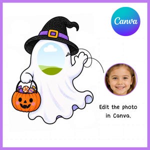 Puede incluir: Una ilustraci&oacute;n de un fantasma blanco con un sombrero de bruja negro con banda morada y hebilla naranja, sosteniendo un cubo de dulces de calabaza naranja. El fantasma tiene un recorte circular para una foto y el texto Edit the photo in Canva.
