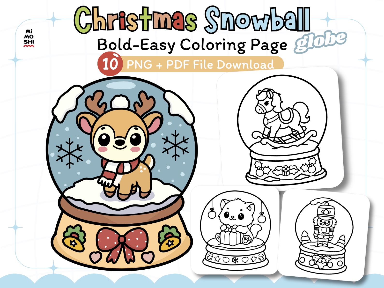 Christmas Snowball Globe Coloring Pages | Bold and Easy Coloring Book | Png + PDF Instant Download