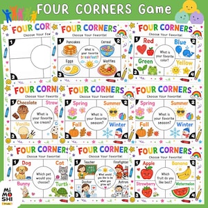Puede incluir: Una colección de nueve hojas de actividades del juego Four Corners con ilustraciones coloridas y texto. Cada hoja está dividida en cuatro cuadrantes numerados con una pregunta central, incluyendo temas como desayuno favorito, colores, estaciones y mascotas.