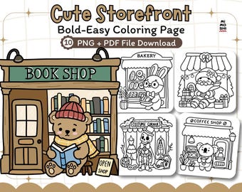 Cute Storefront Coloring Pages | Bold and Easy Coloring Book , Pet shop , flower,Books shop, Coffee , bakery | Png + PDF Instant Download