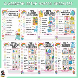 May include: A classroom setup master checklist printed on eight pages, featuring colorful illustrations of rainbows, clouds, and school supplies. Each page outlines steps from classroom layout to bathroom routines with checkboxes and notes sections.