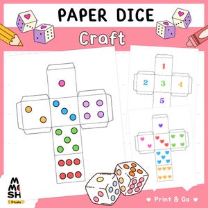 Puede incluir: Un proyecto de manualidades con plantillas de dados de papel e ilustraciones de dados terminados. El diseño incluye plantillas con lados numerados y dados con puntos de colores y símbolos de corazón. El texto incluye "PAPER DICE Craft" y "Print & Go".