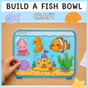 May include: A colorful craft kit with the text "BUILD A FISH BOWL CRAFT." The kit includes a rectangular fish tank outline with various sea creatures and decorations, such as a seahorse, clownfish, and a sandcastle. A hand is placing a purple seashell sticker.