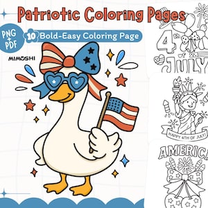 4th of July Coloring Pages | Bold and Easy Coloring Book,USA Coloring Sheets, Pool Party Favors, Independence Day Png + PDF Instant Download