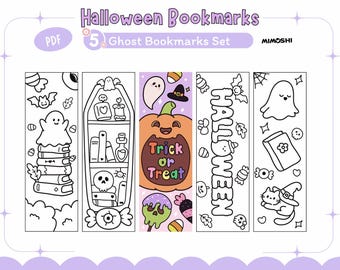 May include: Set of five Halloween-themed ghost bookmarks. Each bookmark features a unique design with ghosts, pumpkins, bats, and the words "Trick or Treat" and "Halloween". The bookmarks are black and white line drawings, perfect for coloring.