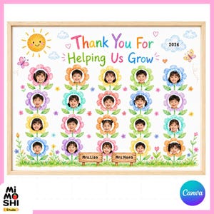 Puede incluir: Una lámina enmarcada con el texto Thank You For Helping Us Grow y 2026. El diseño incluye ilustraciones en acuarela de un sol, nubes, mariposas y flores, cada una con el retrato de un niño. Dos letreros de madera muestran los nombres Mrs.Lisa y Mrs.Nara.