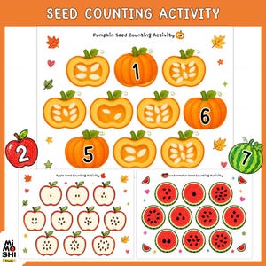 Puede incluir: Una hoja educativa imprimible titulada SEED COUNTING ACTIVITY que presenta tres secciones: Pumpkin Seed Counting Activity con calabazas numeradas, Apple Seed Counting Activity con rodajas de manzana y Watermelon Seed Counting Activity con rodajas de sandía.