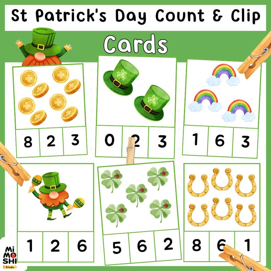 St. Patrick’s Day Count & Clip Cards – 20 Cards Preschool Math Counting ...