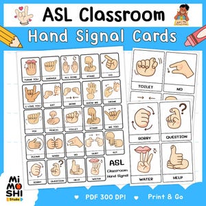 May include: ASL Classroom Hand Signal Cards featuring various hand gestures with corresponding words like "Thank You," "Eat," and "Help." The cards are designed for educational purposes, with a blue background and the text "PDF 300 DPI" and "Print & Go."