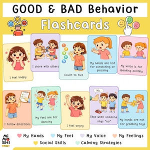 Könnte beinhalten: Ein Satz farbenfroher Karteikarten mit dem Titel "GOOD & BAD Behavior Flashcards". Jede Karte zeigt Illustrationen von Kindern, die verschiedene Verhaltensweisen demonstrieren, mit Texten wie "I feel happy" und "I share with others". Die Karten sind für soziale Fähigkeiten und Beruhigungsstrategien konzipiert.
