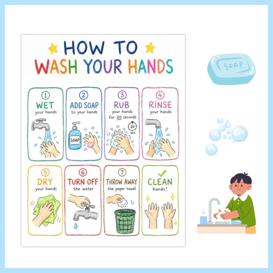 How to Wash Your Hands Poster for Kids Printable, Hand Washing Steps ...