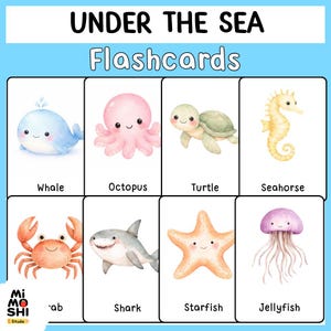 Può includere: Flashcard educative con illustrazioni ad acquerello di creature marine. Le carte presentano una balena blu, un polpo rosa, una tartaruga verde, un cavalluccio marino giallo, un granchio arancione, uno squalo grigio, una stella marina arancione e una medusa viola. Testo: "UNDER THE SEA Flashcards".