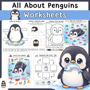 Op de afbeelding: Een verzameling werkbladen met pinguïnthema's voor kinderen. De werkbladen bevatten activiteiten zoals het labelen van een pinguïn, het ontwerpen van een pinguïnhuis, kleuren op nummer, diepzeetellen, een pinguïnlevenscyclus en een "Wat eten we vanavond?" activiteit.