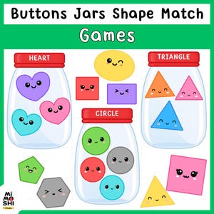 May include: A colorful educational game featuring jars labeled "HEART", "CIRCLE", and "TRIANGLE". Each jar contains matching shapes with smiling faces. The game includes hearts, circles, triangles, squares, and other shapes in various colors.