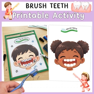 Op de afbeelding: Een afdrukbaar activiteitenblad met de woorden "BRUSH TEETH" en "Printable Activity". De afbeelding toont cartoon illustraties van kinderen die hun tanden poetsen, samen met een tandenborstel en een tekening van tanden.