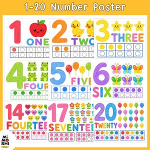 May include: A 1-20 number poster featuring colorful illustrations of numbers, written words, and corresponding quantities of objects like apples, ducks, stars, frogs, balloons, butterflies, hearts, and flowers, with ten-frame counting grids.