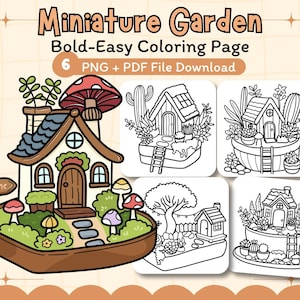 May include: A black and white coloring page featuring six miniature garden scenes. Each scene includes a small house, plants, and a welcome sign. The text "Miniature Garden Bold-Easy Coloring Page 6 PNG + PDF File Download" is at the top of the page.