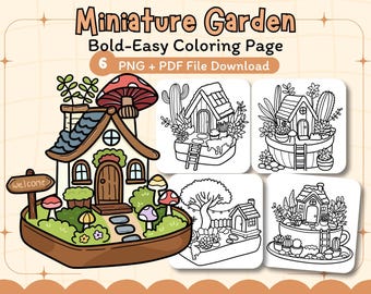 Miniature Garden Coloring Pages | Bold and Easy Coloring Book | Png + PDF Instant Download