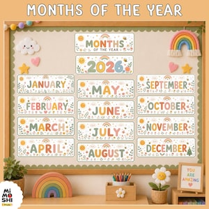 Decoración para el aula con los meses del año / Juego de calendario para tablón de anuncios / Tarjetas de calendario para preescolar / PDF imprimible con temática arcoíris boho para el aula