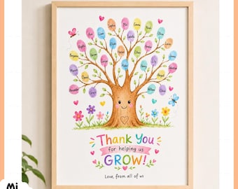 Árbol de huellas dactilares, regalo imprimible para profesores, gracias por ayudarnos a crecer, manualidad de agradecimiento para profesores de clase, recuerdo editable de fin de año en Canva