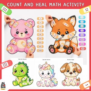 Puede incluir: Un set de actividades matemáticas Count and Heal con ilustraciones de un oso rosa, un zorro naranja, un dinosaurio verde, un unicornio y un cachorro. Cada animal tiene puntos numerados para aplicar pegatinas de tiritas adhesivas.