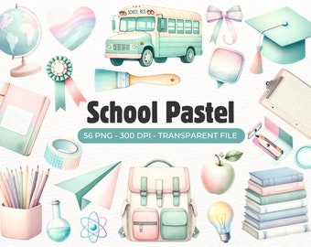 Pastel School Clipart Bundle: Watercolor PNG Graphics (Digital Download)