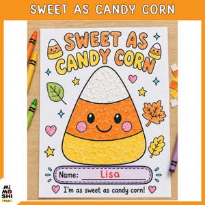 Könnte beinhalten: Ein Bastelprojekt mit einer großen Zuckermais-Figur aus kleinen weißen, orangen und gelben Papierquadraten. Der Text lautet SWEET AS CANDY CORN, Name: Lisa und I'm as sweet as candy corn. Es enthält Zeichnungen von Herzen, Sternen und Blättern.